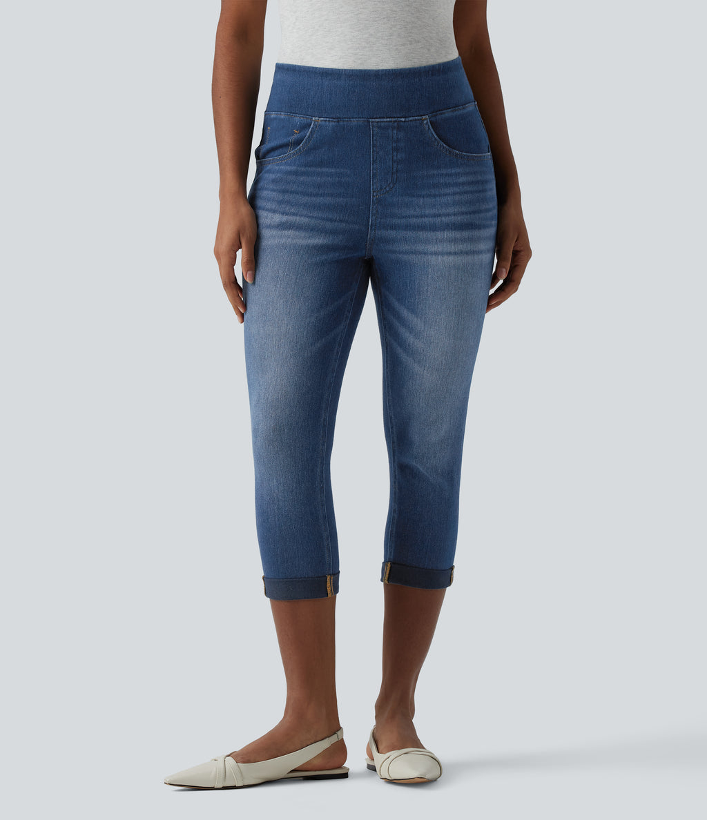 High Waisted Rolled Hem Capri Casual Skinny Jeans with Pockets — Tide Blue Denim — view 3