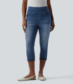 High Waisted Rolled Hem Capri Casual Skinny Jeans with Pockets — Tide Blue Denim — view 3