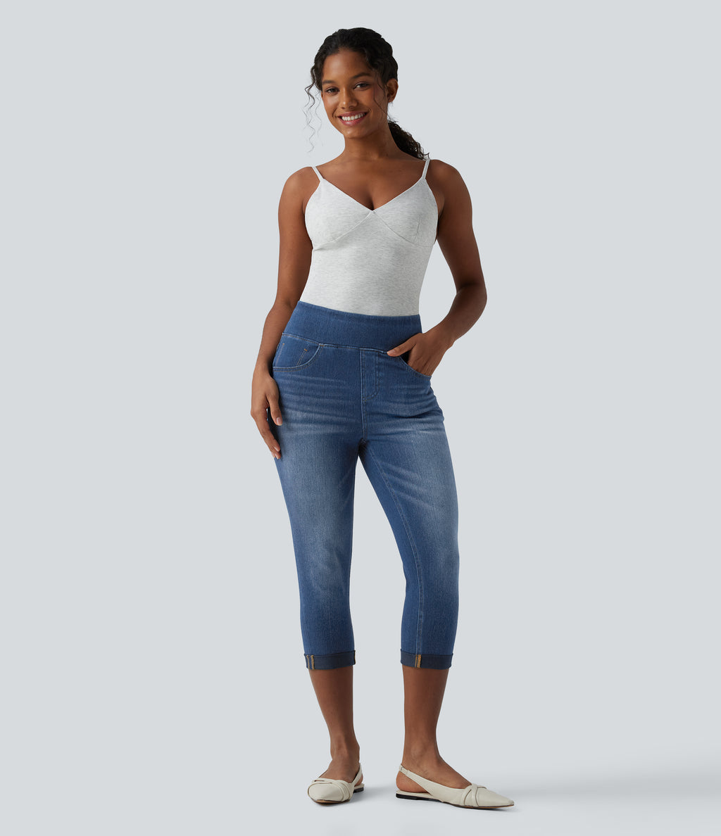 High Waisted Rolled Hem Capri Casual Skinny Jeans with Pockets — Tide Blue Denim — view 7