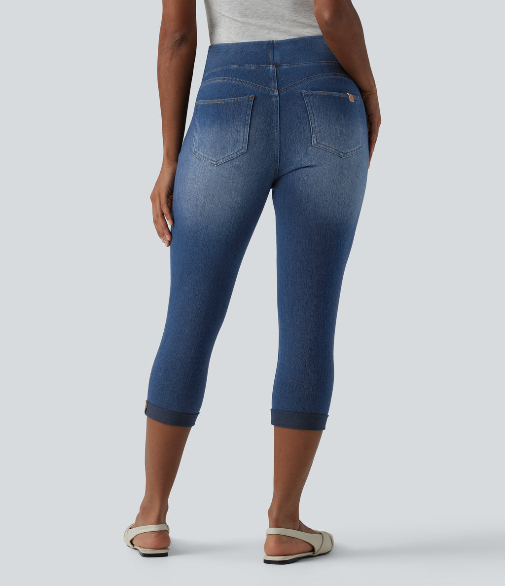 High Waisted Rolled Hem Capri Casual Skinny Jeans with Pockets — Tide Blue Denim — view 2
