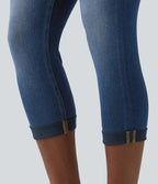 High Waisted Rolled Hem Capri Casual Skinny Jeans with Pockets — Tide Blue Denim — view 6