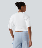 Round Neck Half Sleeve Ruched Casual T-Shirt — White — view 3