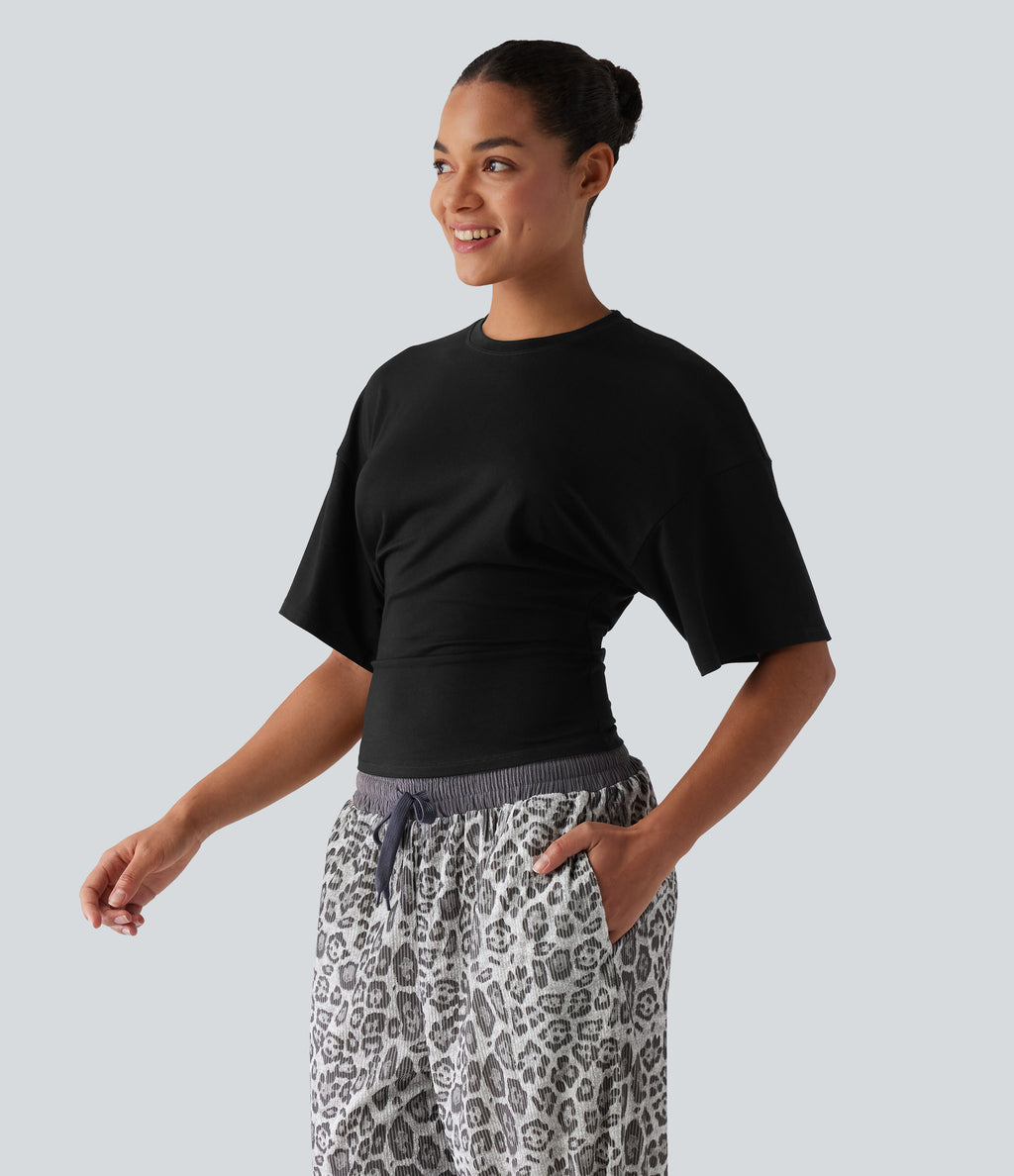 Round Neck Half Sleeve Ruched Casual T-Shirt — Black — view 6