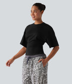 Round Neck Half Sleeve Ruched Casual T-Shirt — Black — view 6