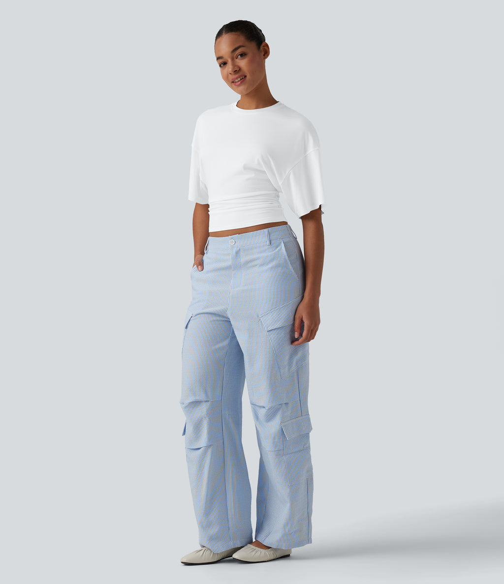 Round Neck Half Sleeve Ruched Casual T-Shirt — White — view 5