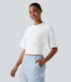 Round Neck Half Sleeve Ruched Casual T-Shirt — White — view 1