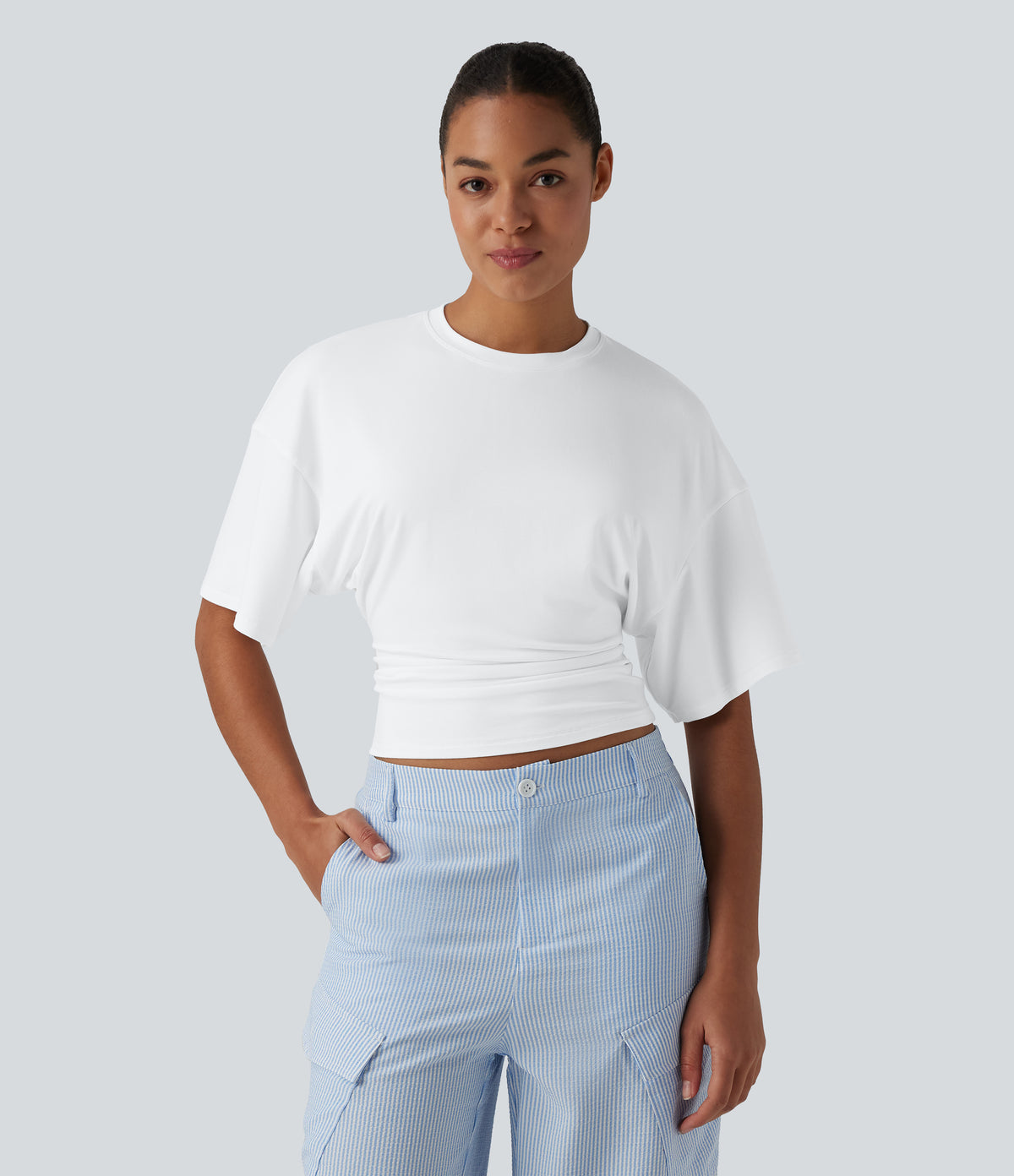Round Neck Half Sleeve Ruched Casual T-Shirt — White — view 2