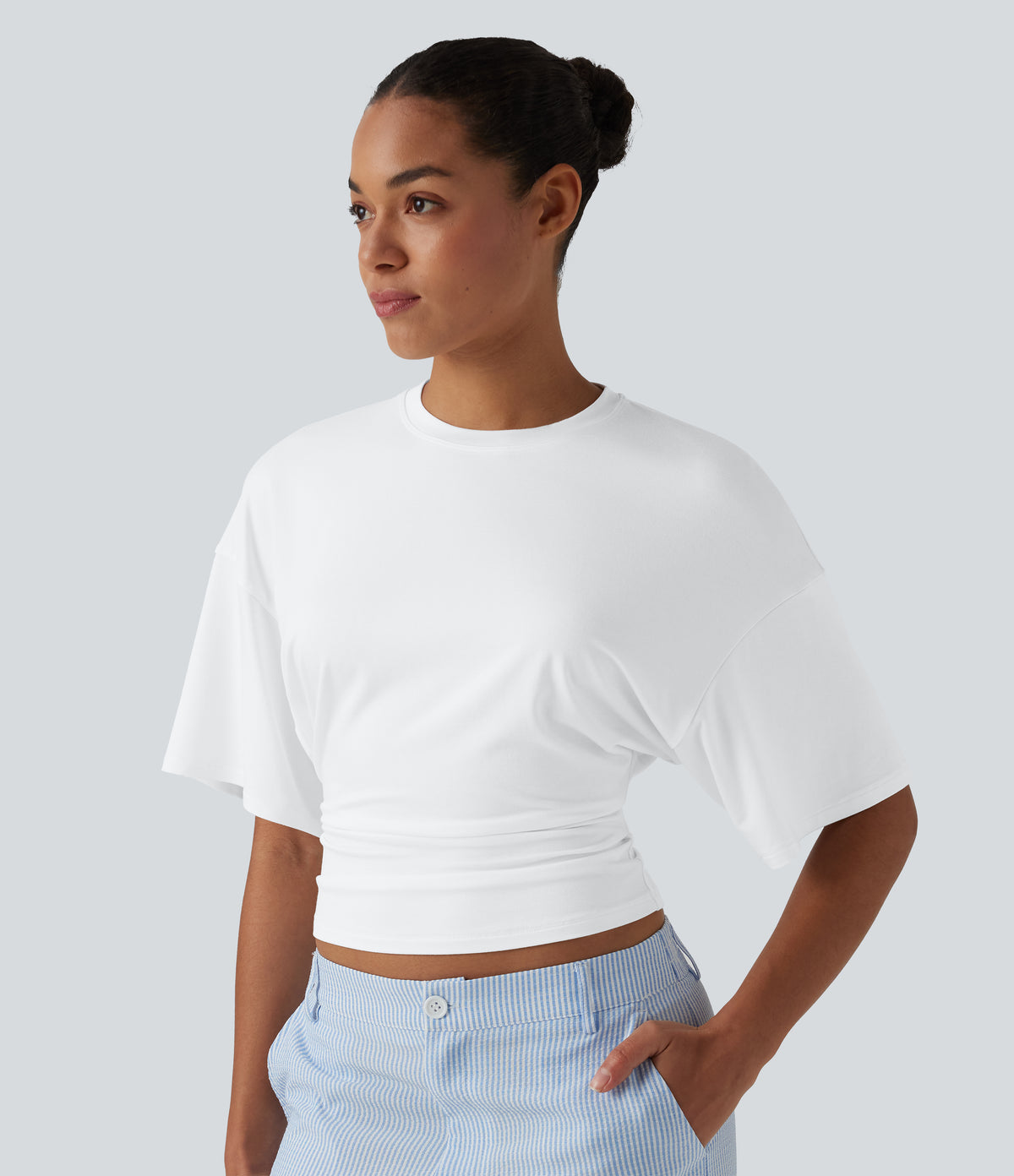 Round Neck Half Sleeve Ruched Casual T-Shirt — White — view 4
