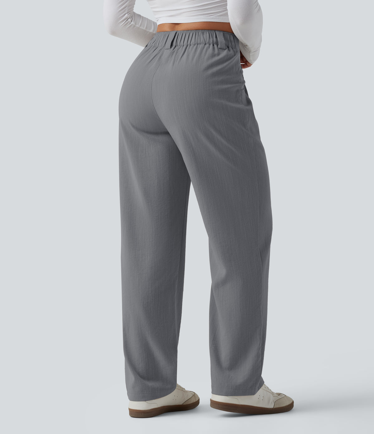 Mid Rise Casual Linen-Feel Trousers with Pockets — Obsidian Weave — view 2
