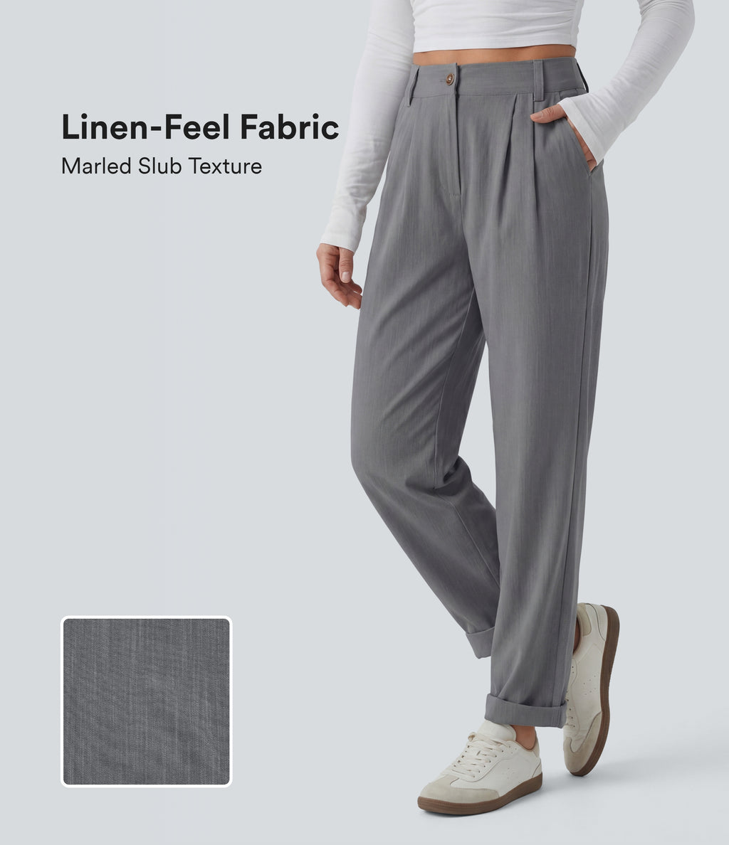 Mid Rise Casual Linen-Feel Trousers with Pockets — Obsidian Weave — view 1