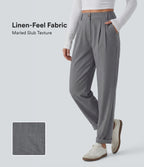 Mid Rise Casual Linen-Feel Trousers with Pockets — Obsidian Weave — view 1