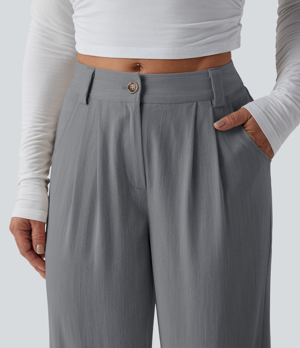 Mid Rise Casual Linen-Feel Trousers with Pockets — Obsidian Weave — view 6