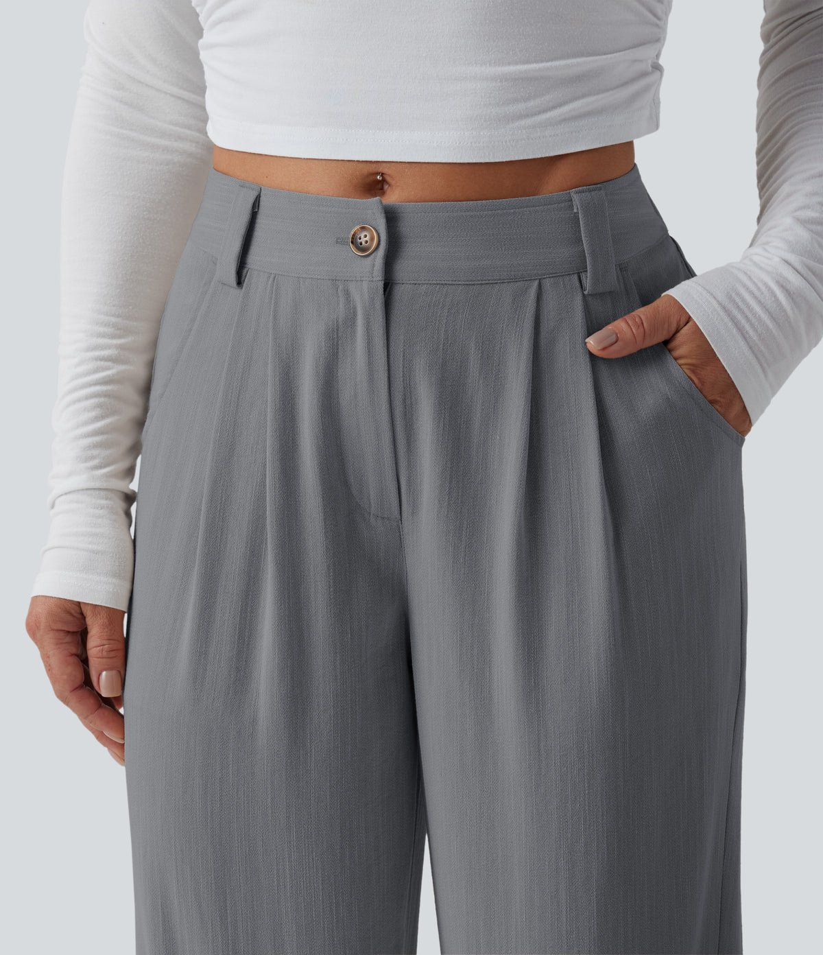 Mid Rise Casual Linen-Feel Trousers with Pockets — Obsidian Weave — view 6