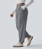 Mid Rise Casual Linen-Feel Trousers with Pockets — Obsidian Weave — view 4