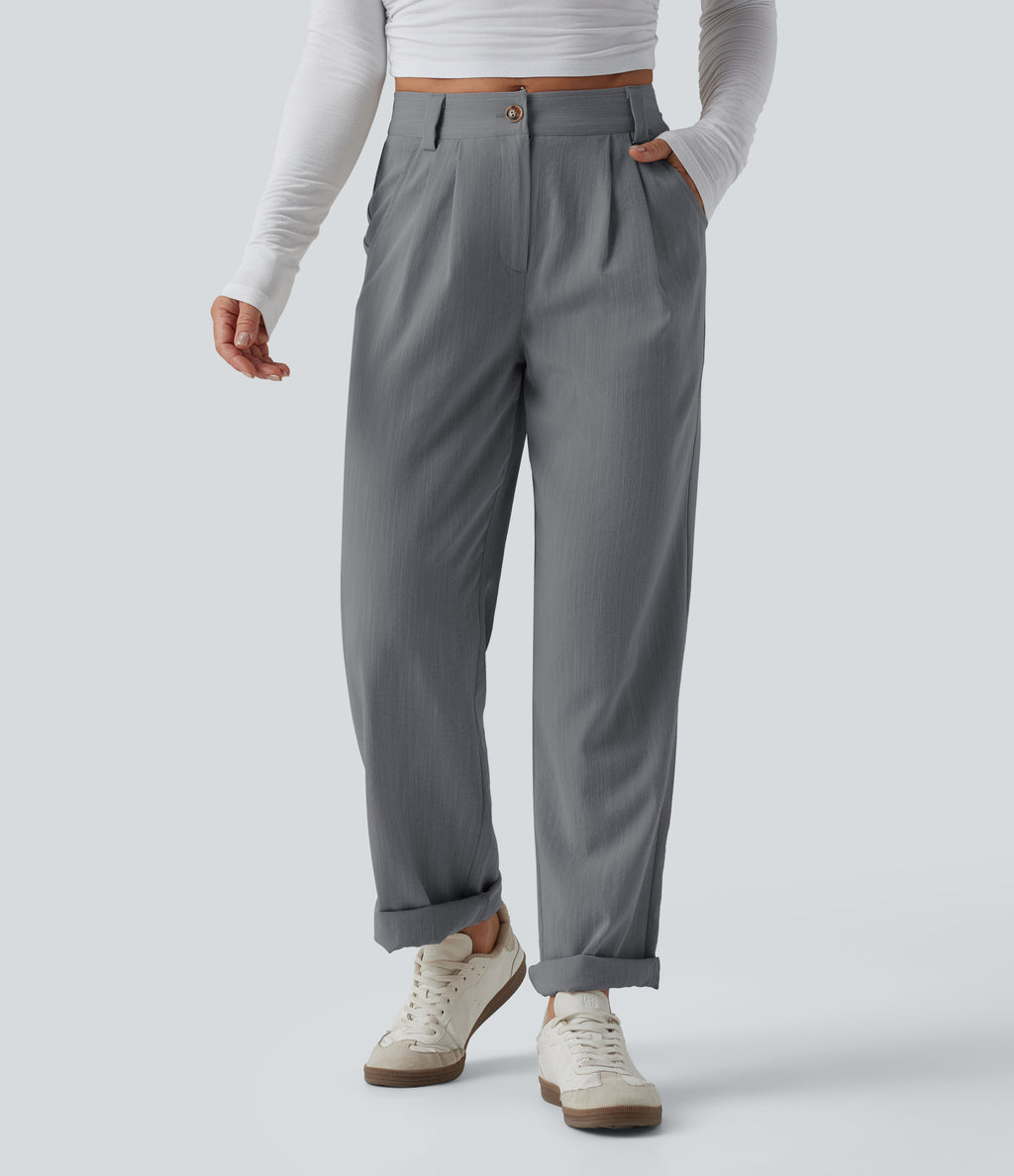 Mid Rise Casual Linen-Feel Trousers with Pockets — Obsidian Weave — view 3