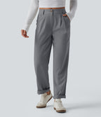 Mid Rise Casual Linen-Feel Trousers with Pockets — Obsidian Weave — view 3