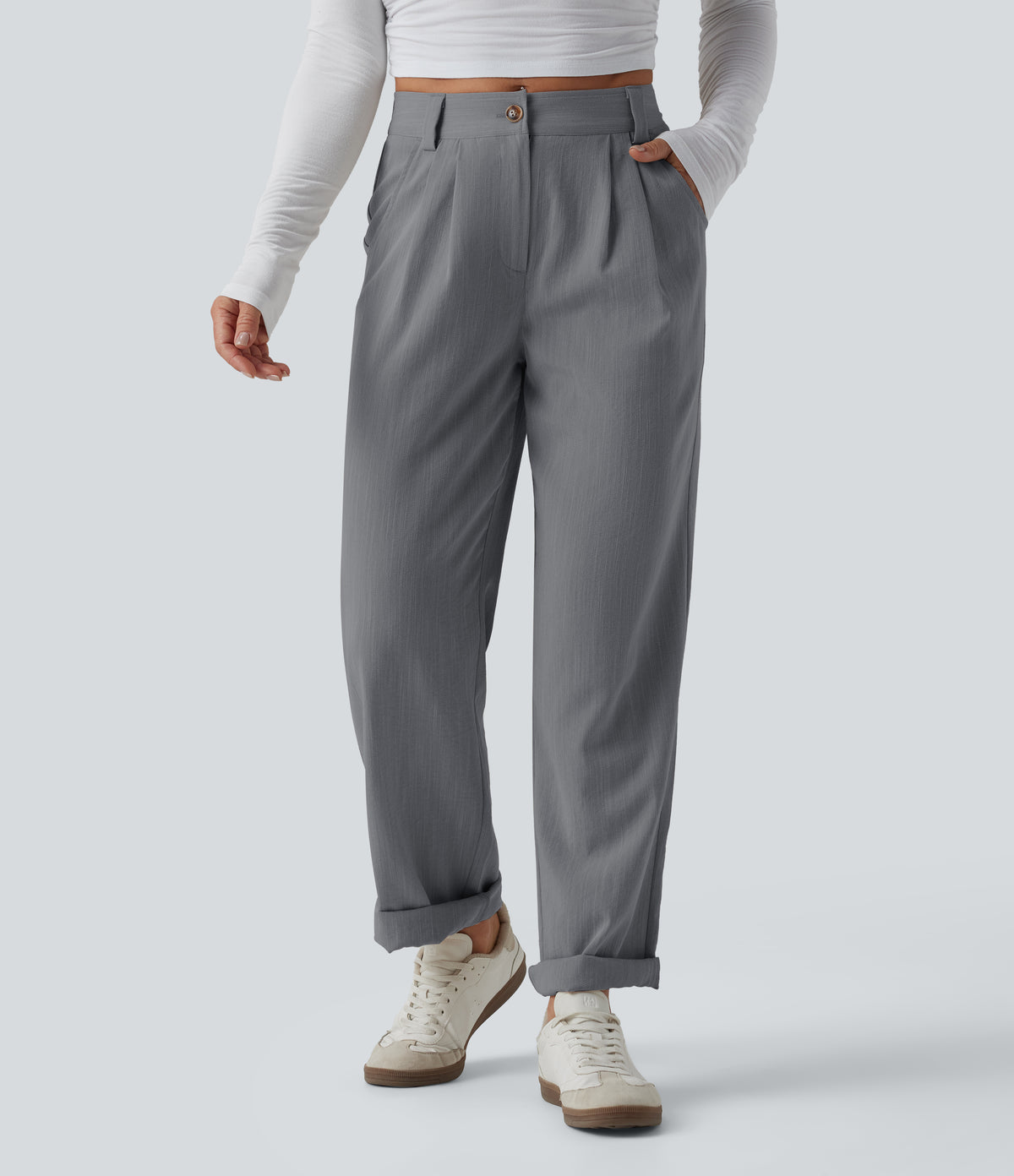 Mid Rise Casual Linen-Feel Trousers with Pockets — Obsidian Weave — view 3
