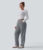 Mid Rise Casual Linen-Feel Trousers with Pockets — Obsidian Weave — view 7