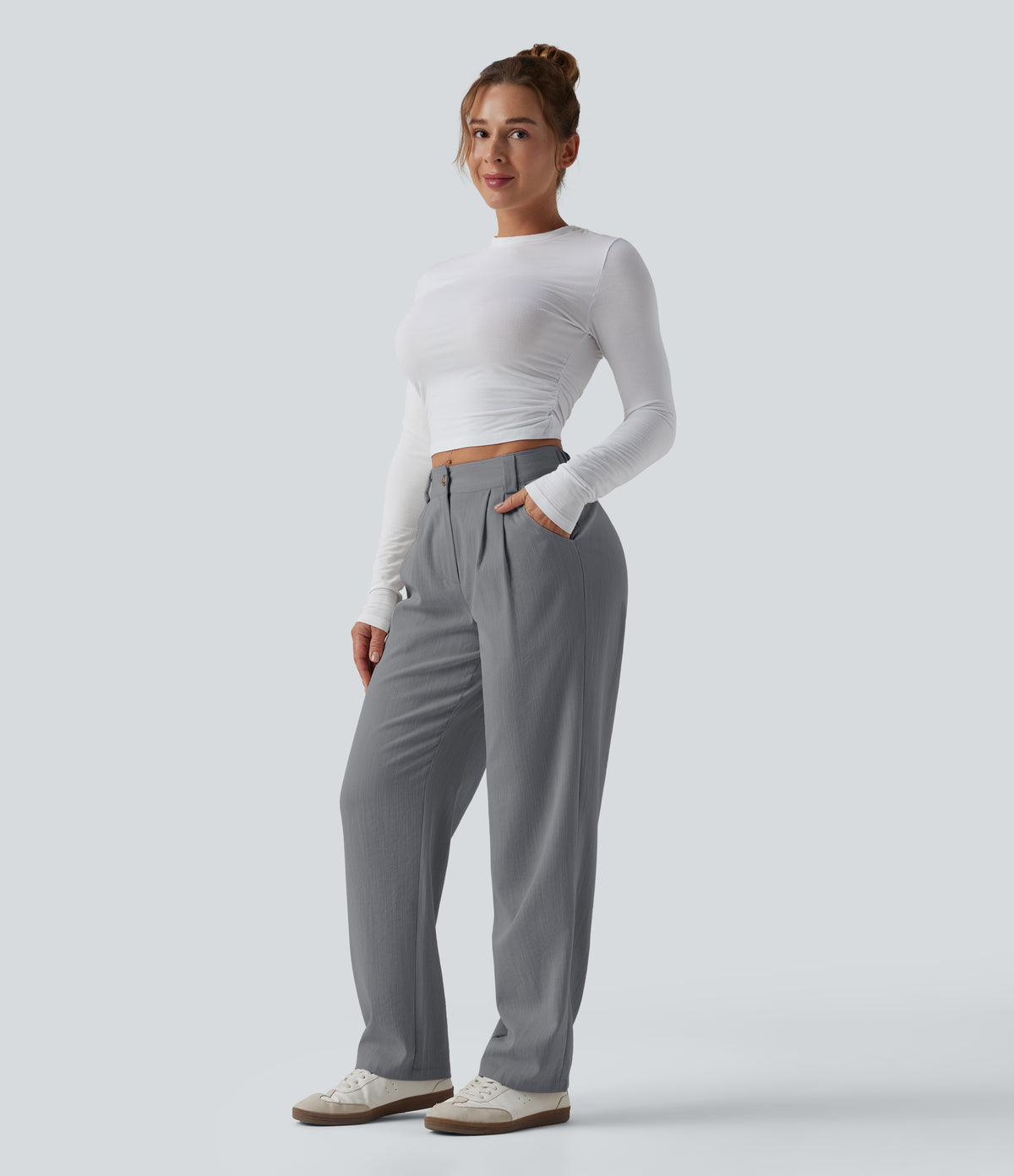 Mid Rise Casual Linen-Feel Trousers with Pockets — Obsidian Weave — view 7