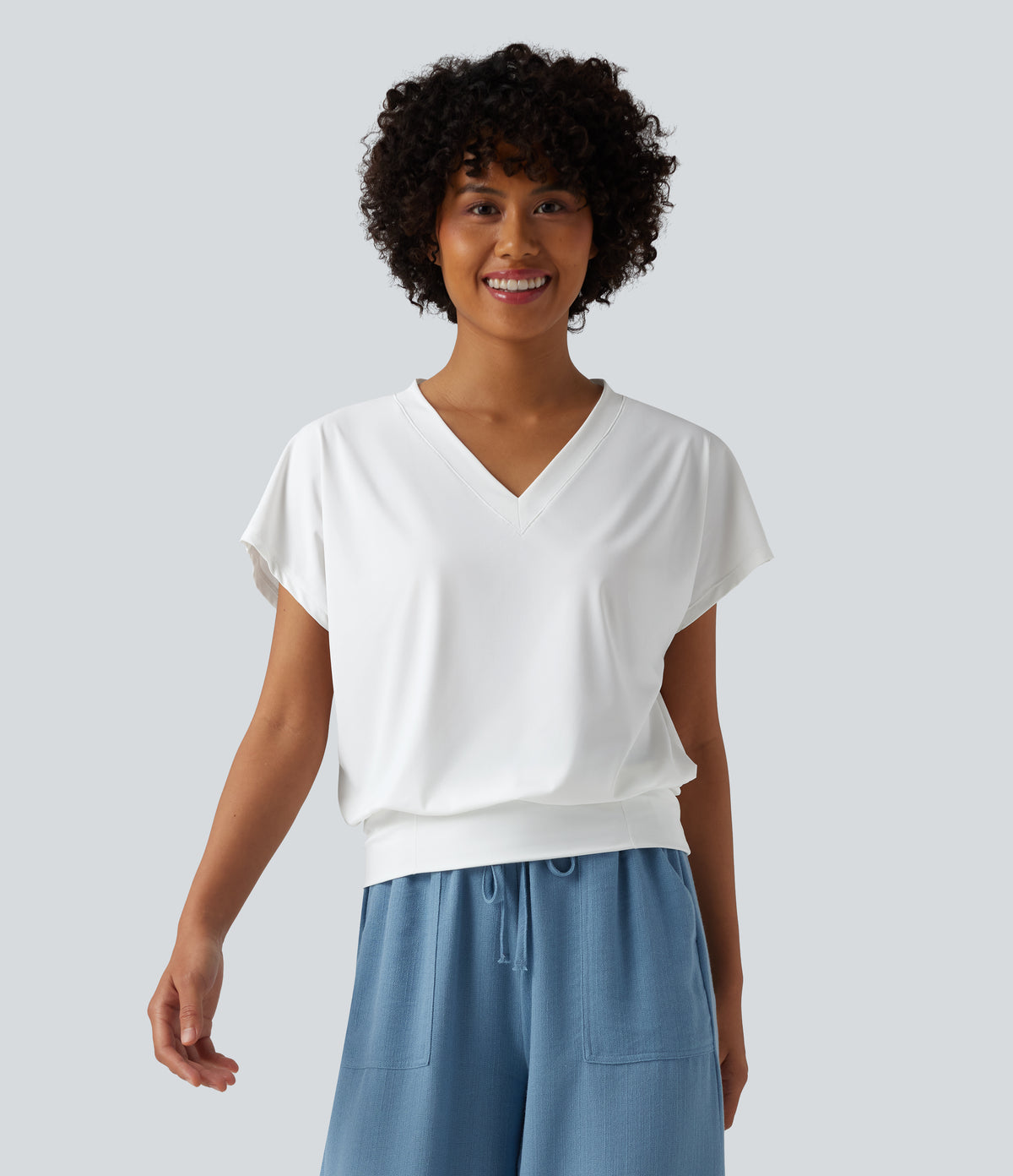 V Neck Short Sleeve Oversized InstantCool Quick Dry Yoga Sports Top — White — view 4
