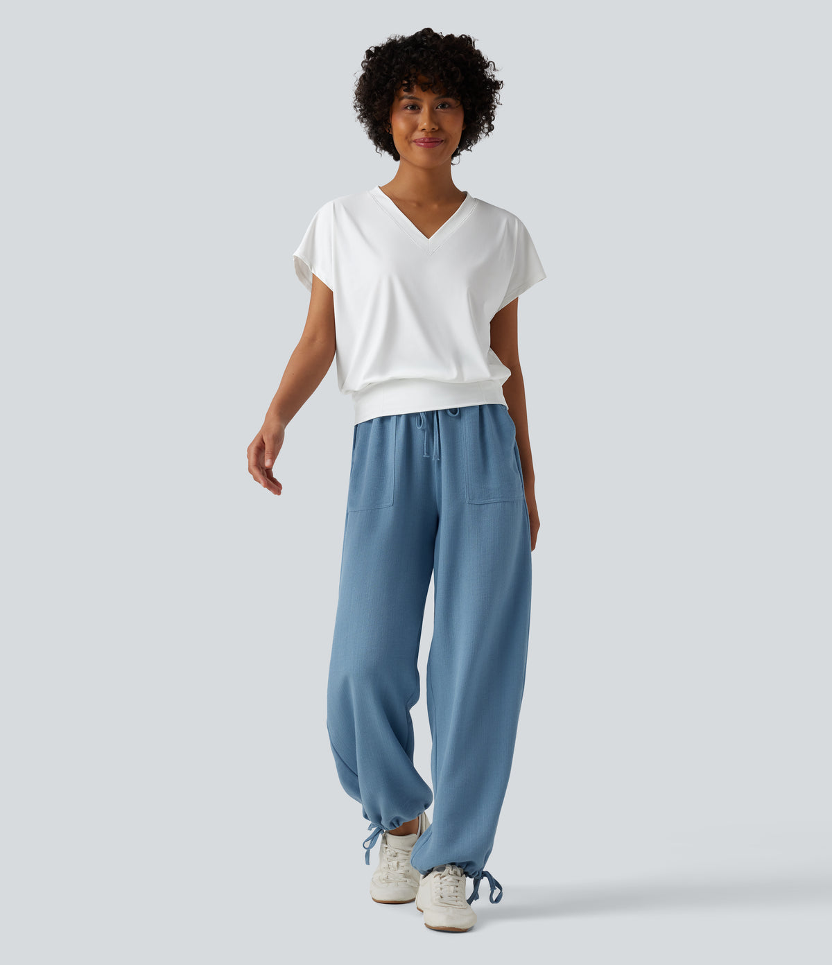 V Neck Short Sleeve Oversized InstantCool Quick Dry Yoga Sports Top — White — view 5