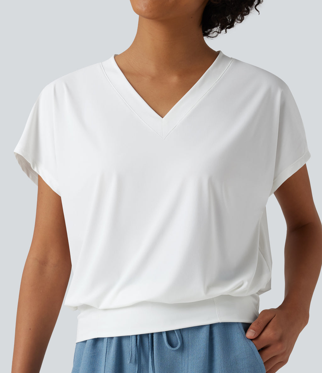 V Neck Short Sleeve Oversized InstantCool Quick Dry Yoga Sports Top — White — view 1