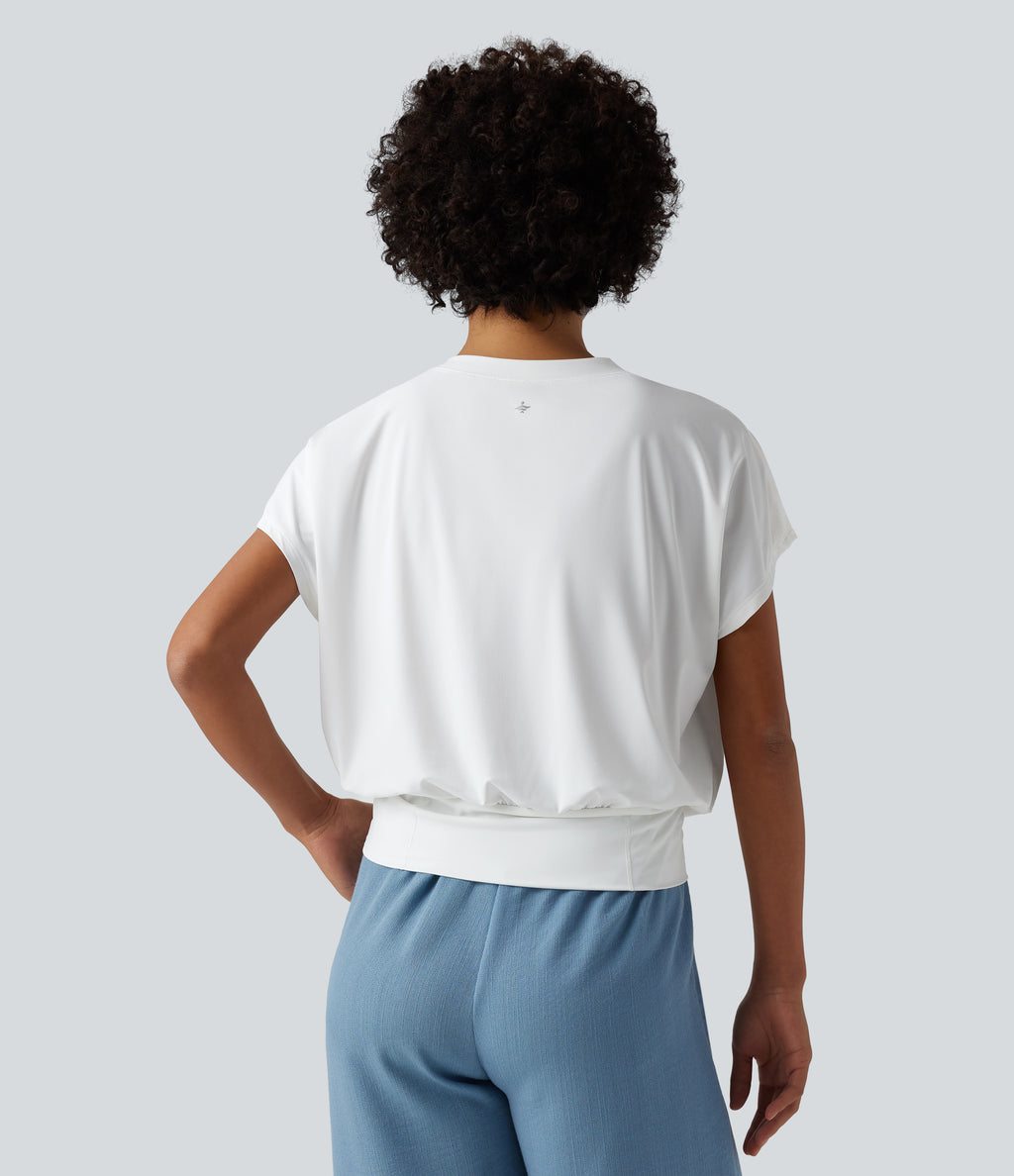 V Neck Short Sleeve Oversized InstantCool Quick Dry Yoga Sports Top — White — view 2