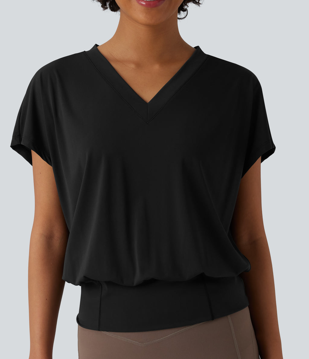 V Neck Short Sleeve Oversized InstantCool Quick Dry Yoga Sports Top — Black — view 6