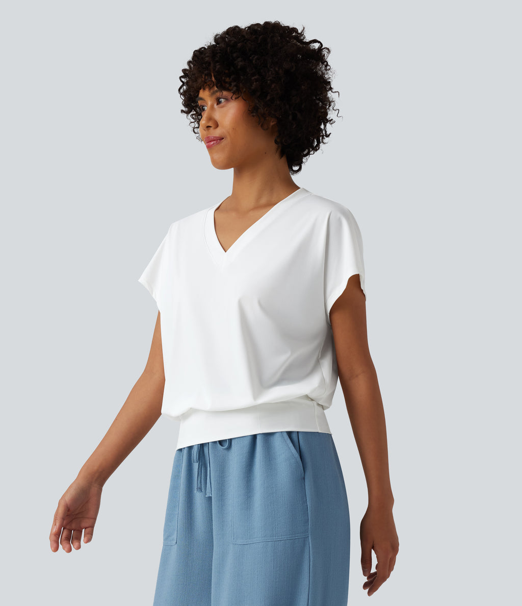 V Neck Short Sleeve Oversized InstantCool Quick Dry Yoga Sports Top — White — view 3
