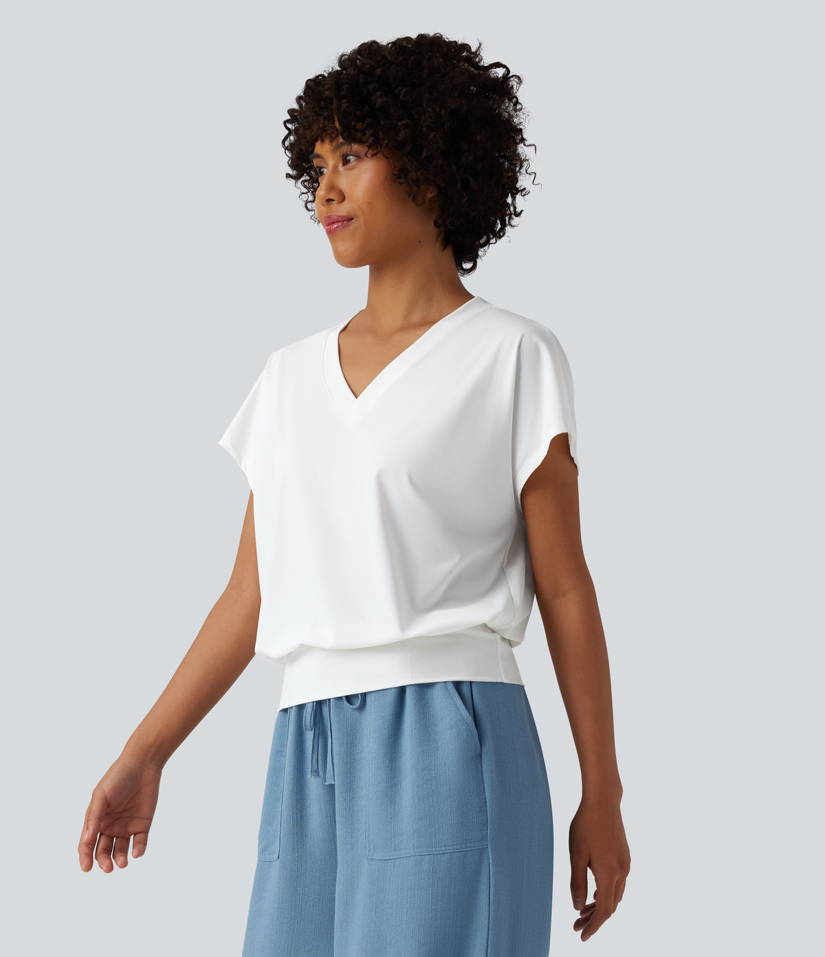 V Neck Short Sleeve Oversized InstantCool Quick Dry Yoga Sports Top — White — view 3
