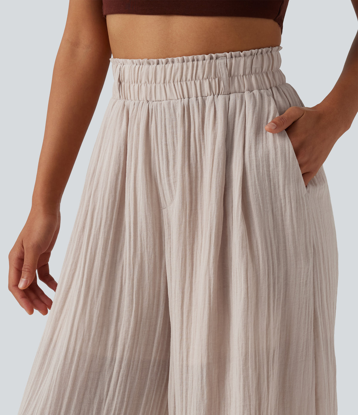 High Waisted Casual Flowy Baggy Trousers with Pockets — Egret — view 4