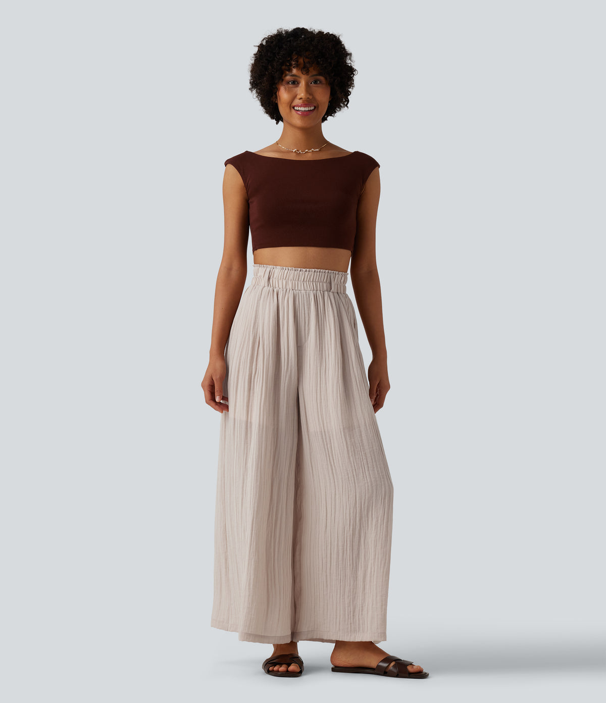 High Waisted Casual Flowy Baggy Trousers with Pockets — Egret — view 5
