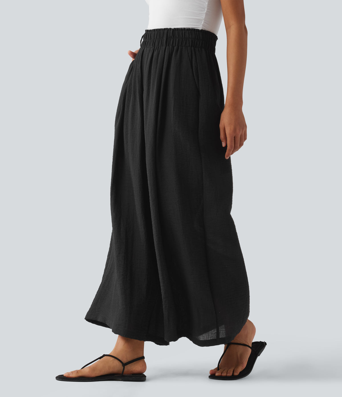 High Waisted Casual Flowy Baggy Trousers with Pockets — Black — view 6
