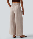 High Waisted Casual Flowy Baggy Trousers with Pockets — Egret — view 3