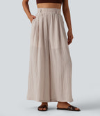 High Waisted Casual Flowy Baggy Trousers with Pockets — Egret — view 2