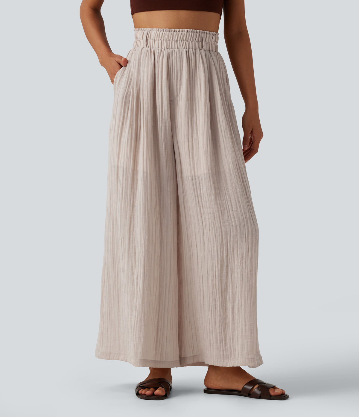 High Waisted Casual Flowy Baggy Trousers with Pockets — Egret — view 2