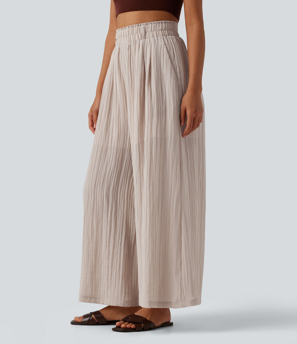 High Waisted Casual Flowy Baggy Trousers with Pockets — Egret — view 1