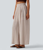 High Waisted Casual Flowy Baggy Trousers with Pockets — Egret — view 1