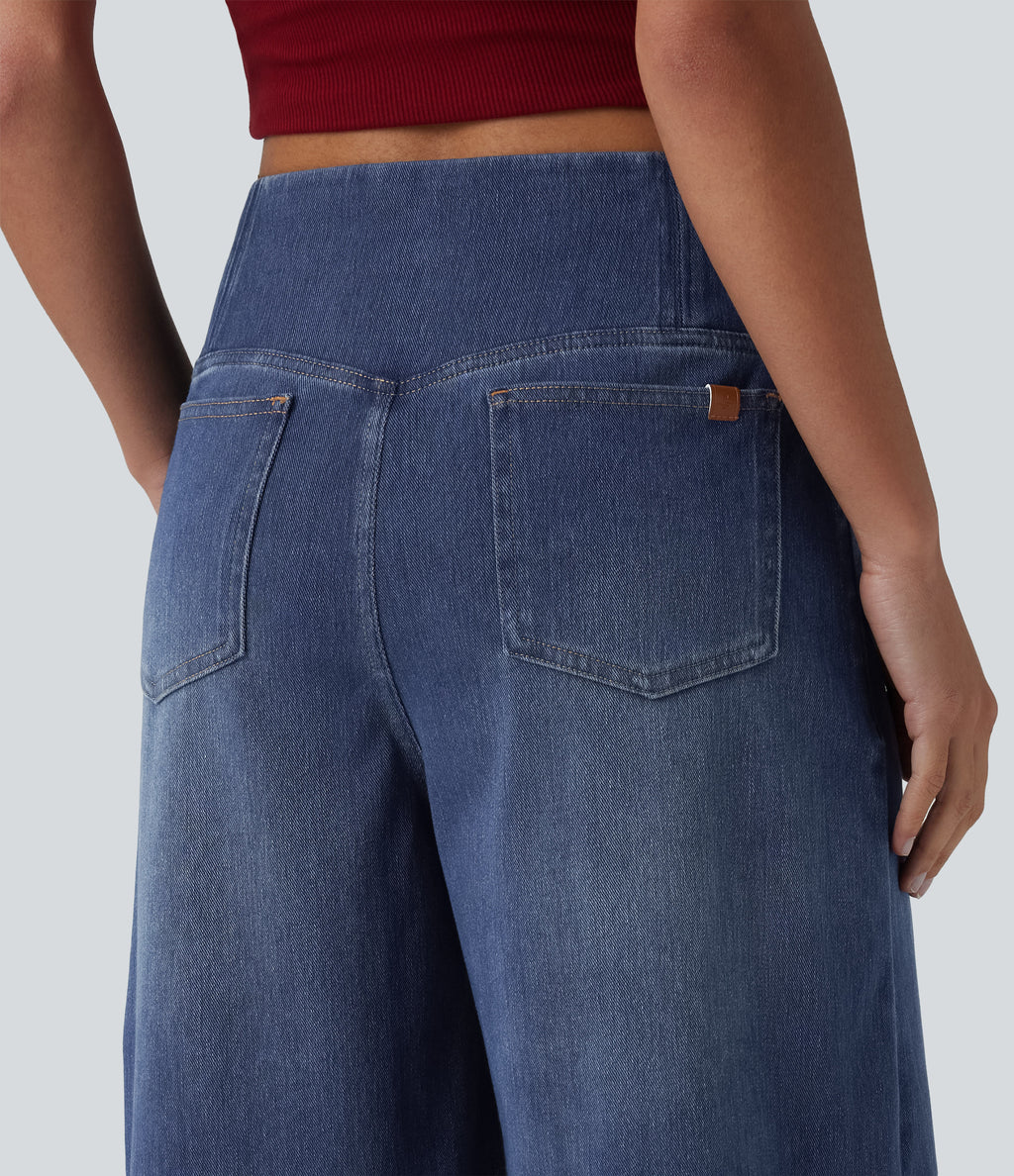 Crossover High Waisted Tummy Control Denim Casual Baggy Bermuda Shorts with Pockets — Estate Blue Denim — view 8