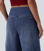Crossover High Waisted Tummy Control Denim Casual Baggy Bermuda Shorts with Pockets — Estate Blue Denim — view 8