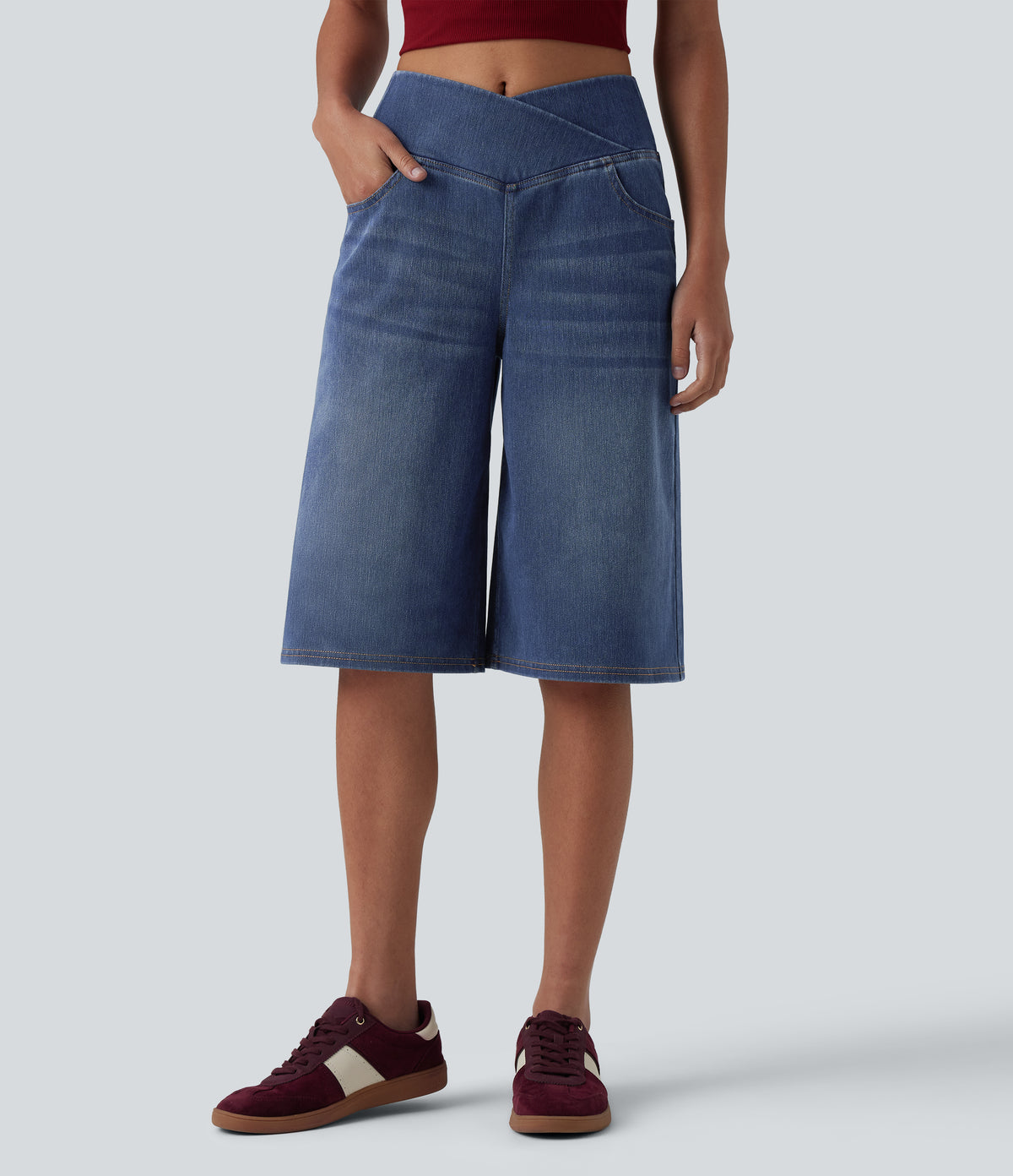 Crossover High Waisted Tummy Control Denim Casual Baggy Bermuda Shorts with Pockets — Estate Blue Denim — view 3