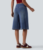Crossover High Waisted Tummy Control Denim Casual Baggy Bermuda Shorts with Pockets — Estate Blue Denim — view 2
