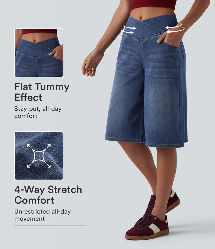 Crossover High Waisted Tummy Control Denim Casual Baggy Bermuda Shorts with Pockets — Estate Blue Denim — view 1