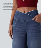 Crossover High Waisted Tummy Control Denim Casual Baggy Bermuda Shorts with Pockets — Estate Blue Denim — view 6