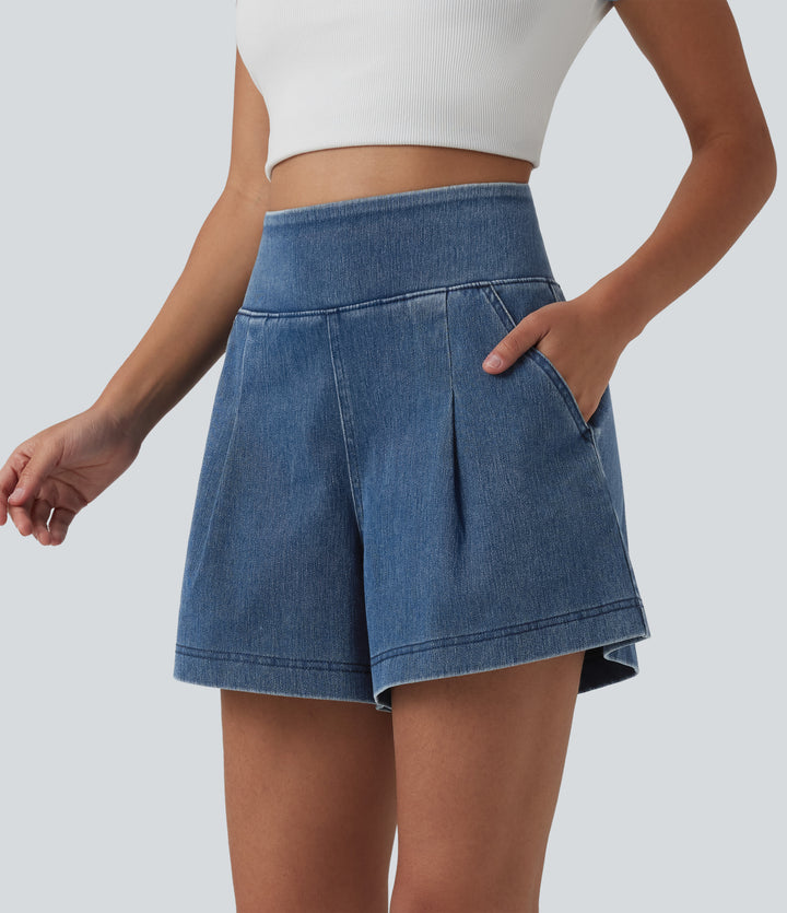 High Waisted Denim Casual Baggy Shorts 4'' with Pockets — Estate Blue Denim — view 1