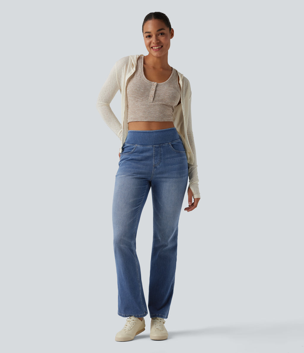 Curvy High Waisted Bootcut Washed Casual Jeans with Pockets — Tide Blue Denim — view 6