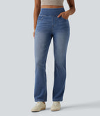 Curvy High Waisted Bootcut Washed Casual Jeans with Pockets — Tide Blue Denim — view 2