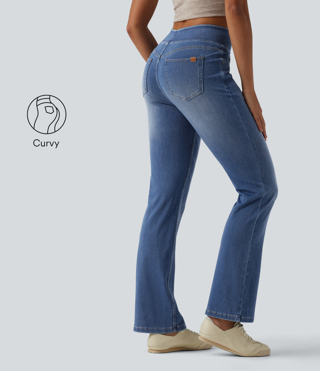Curvy High Waisted Bootcut Washed Casual Jeans with Pockets — Tide Blue Denim — view 1
