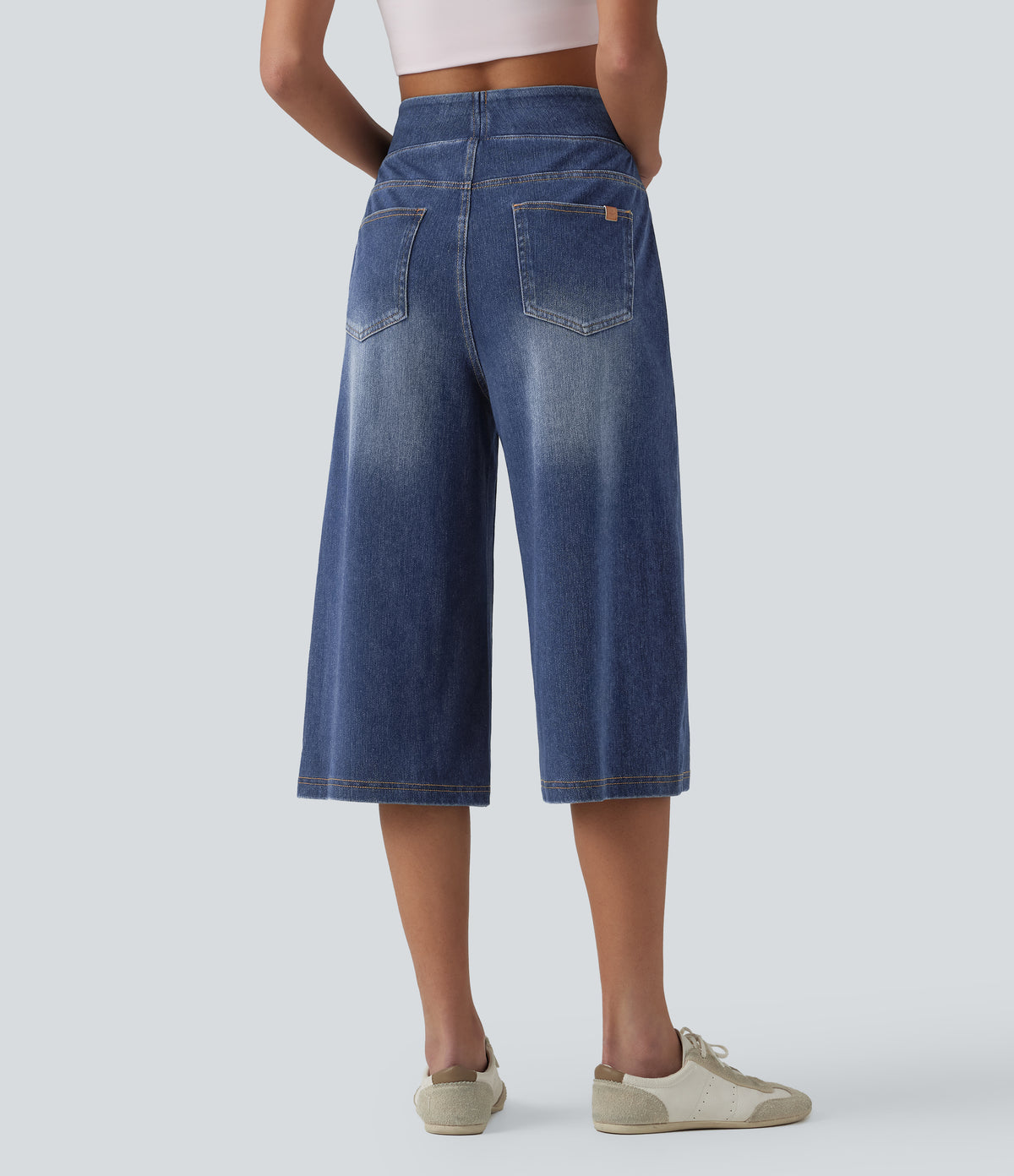 High Waisted Tummy Control Casual Capri Baggy Jeans with Pockets — Pageant Blue Denim — view 2