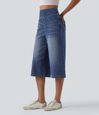 High Waisted Tummy Control Casual Capri Baggy Jeans with Pockets — Pageant Blue Denim — view 3
